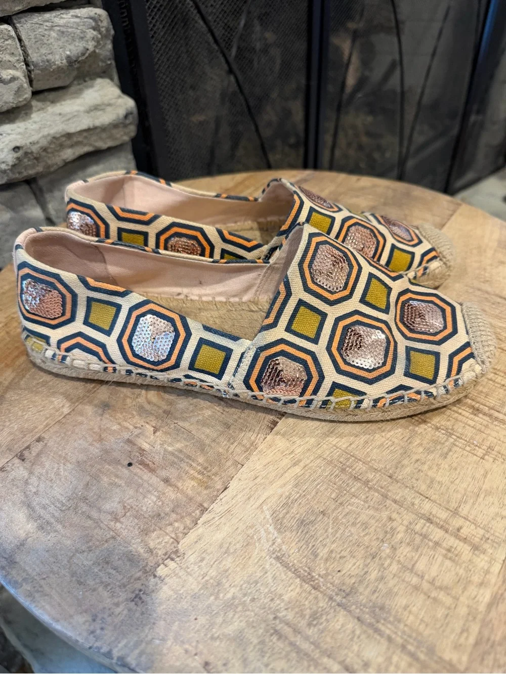 Tory Burch Geometric Espadrille Slip-Ons sz 7 rose gold sequins jute toe